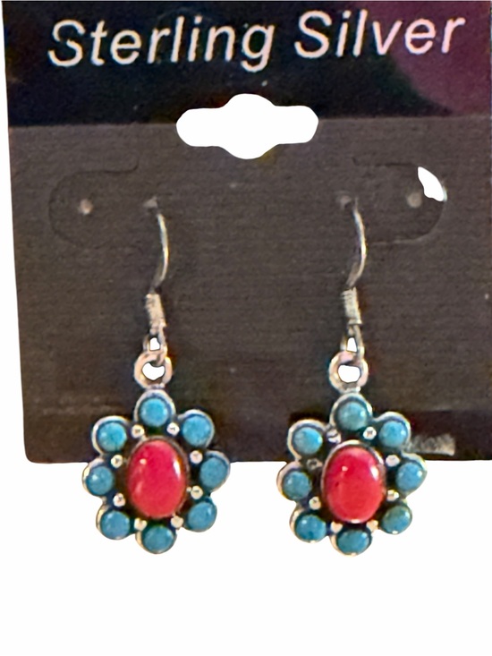 925 Sterling Silver Jewelry - NEW Y2K Red & Blue Turquoise color 925 Sterling Silver dangle flower earrings